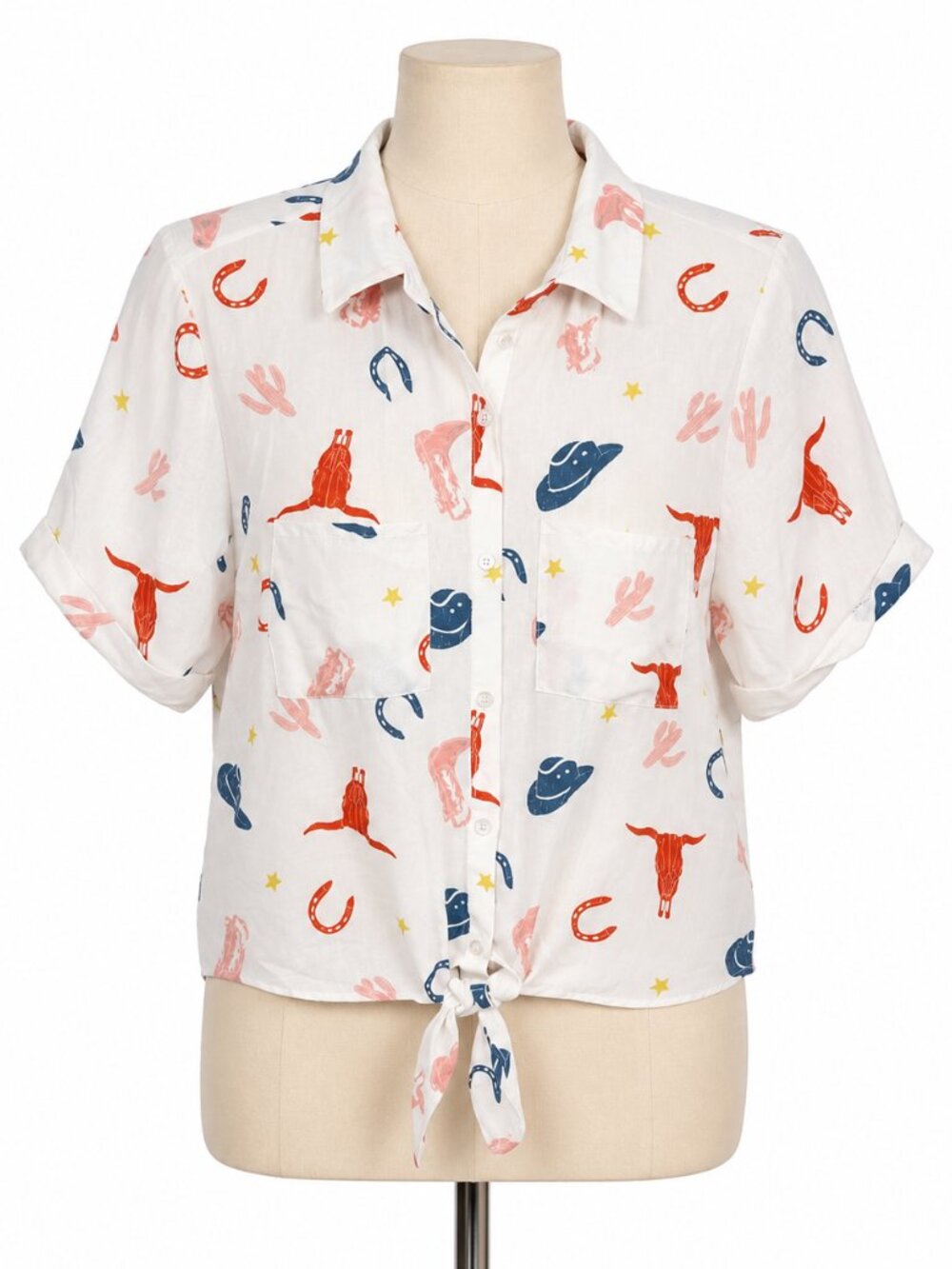 Lily White Western Print Tie Front Button Up Blouse Size M